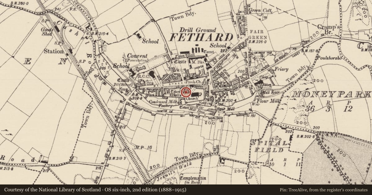 Ordnance Survey six-inch map, 2nd edition (1888–1915) covering the location of Building, Fethard, County Tipperary South, with a pin at the register's coordinates