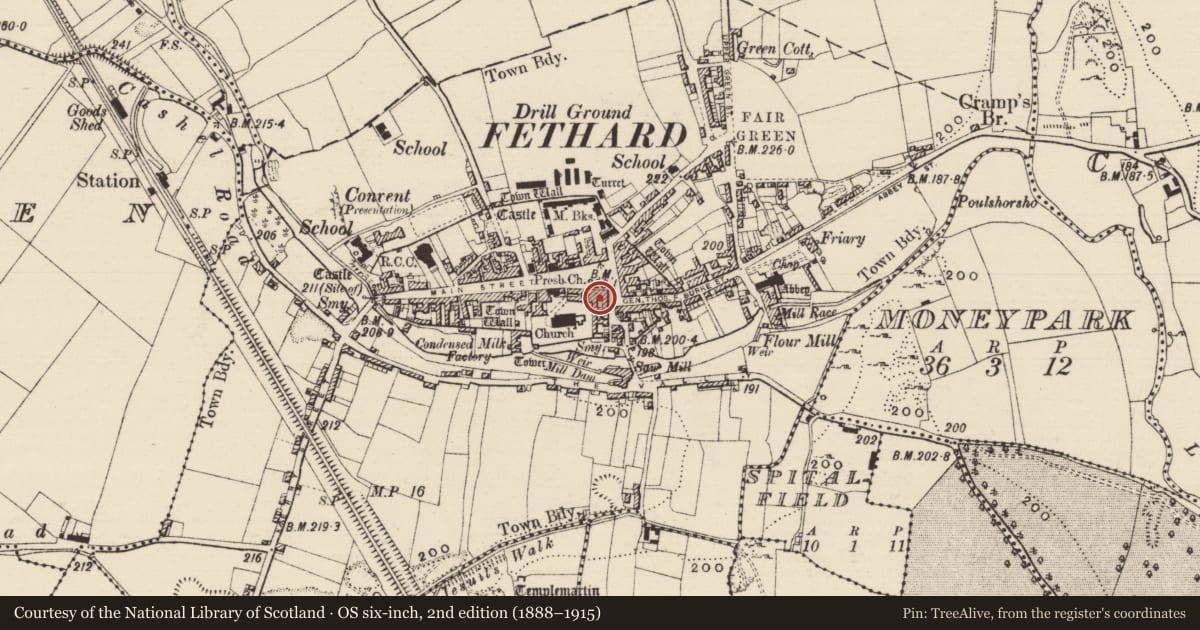 Ordnance Survey six-inch map, 2nd edition (1888–1915) covering the location of House - 17th century, Fethard, County Tipperary South, with a pin at the register's coordinates