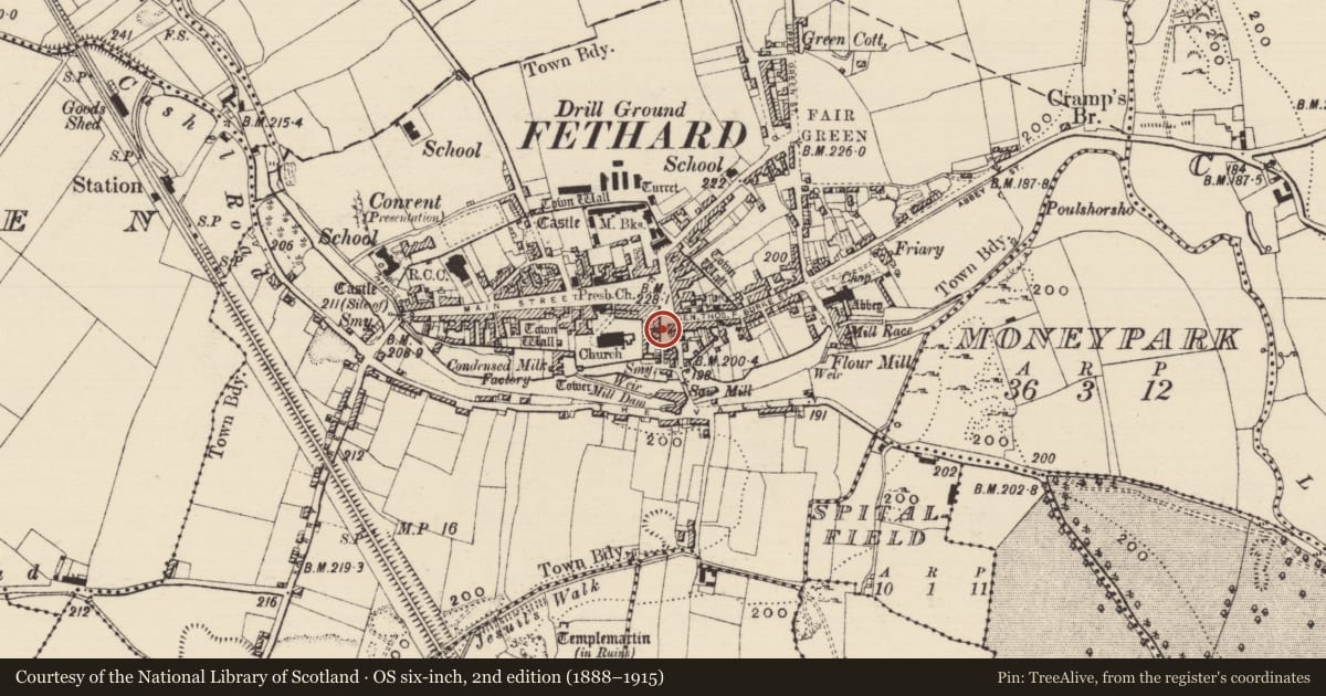 Ordnance Survey six-inch map, 2nd edition (1888–1915) covering the location of House - 17th century, Fethard, County Tipperary South, with a pin at the register's coordinates