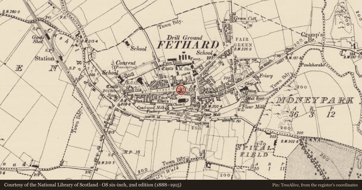 Ordnance Survey six-inch map, 2nd edition (1888–1915) covering the location of Courthouse, Fethard, County Tipperary South, with a pin at the register's coordinates
