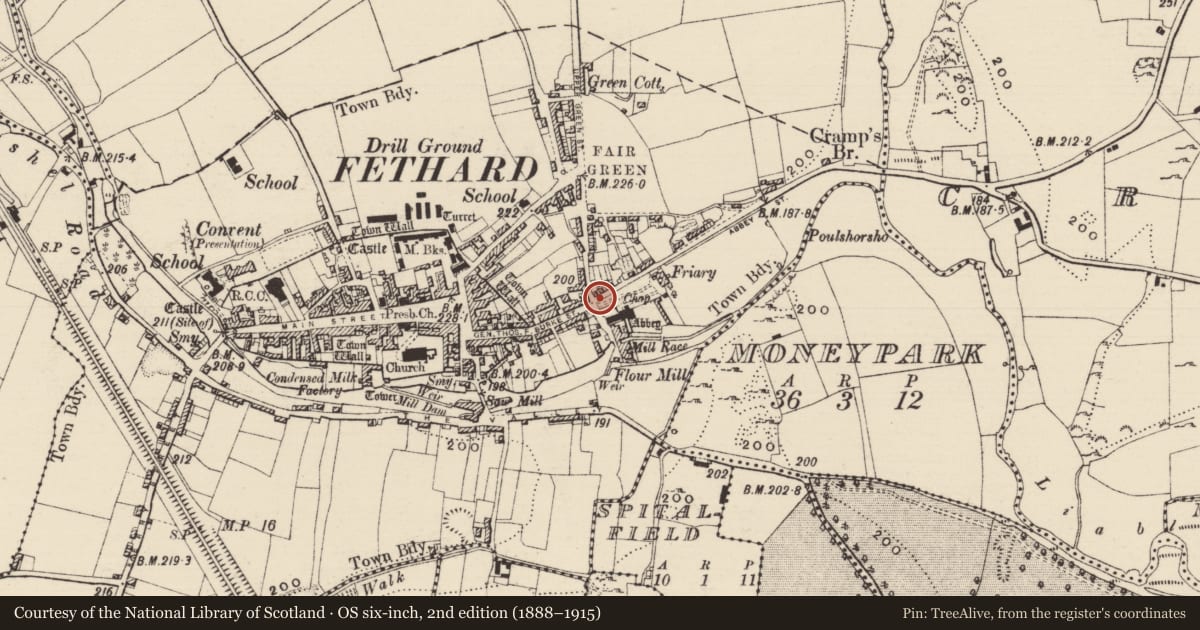Ordnance Survey six-inch map, 2nd edition (1888–1915) covering the location of House - 17th century, Fethard, County Tipperary South, with a pin at the register's coordinates
