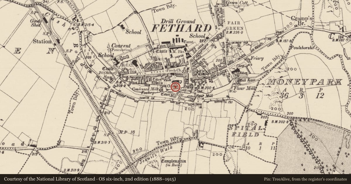 Ordnance Survey six-inch map, 2nd edition (1888–1915) covering the location of Graveyard, Fethard, County Tipperary South, with a pin at the register's coordinates
