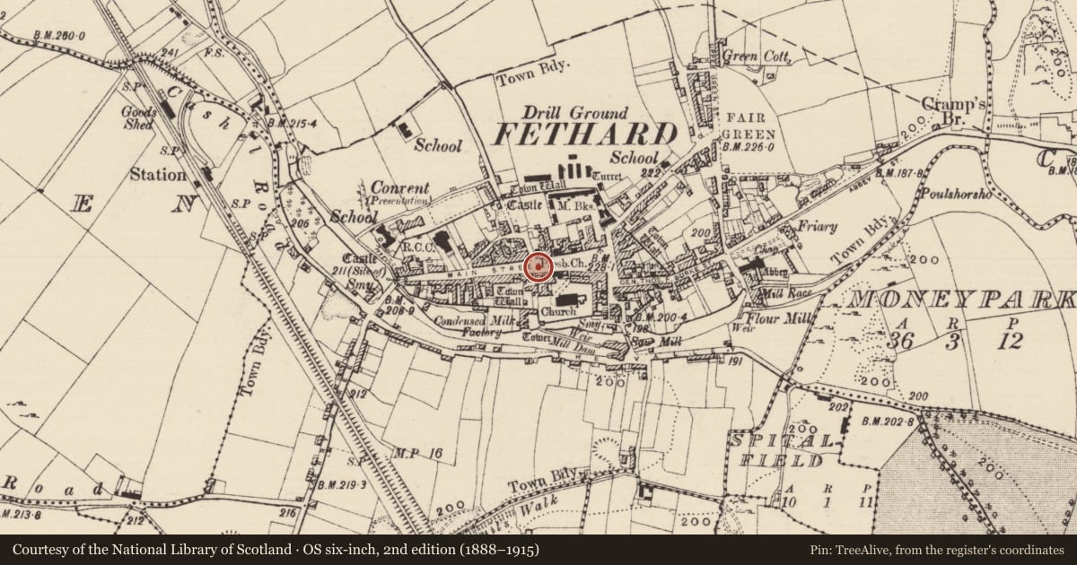 Ordnance Survey six-inch map, 2nd edition (1888–1915) covering the location of Town defences, Fethard, County Tipperary South, with a pin at the register's coordinates