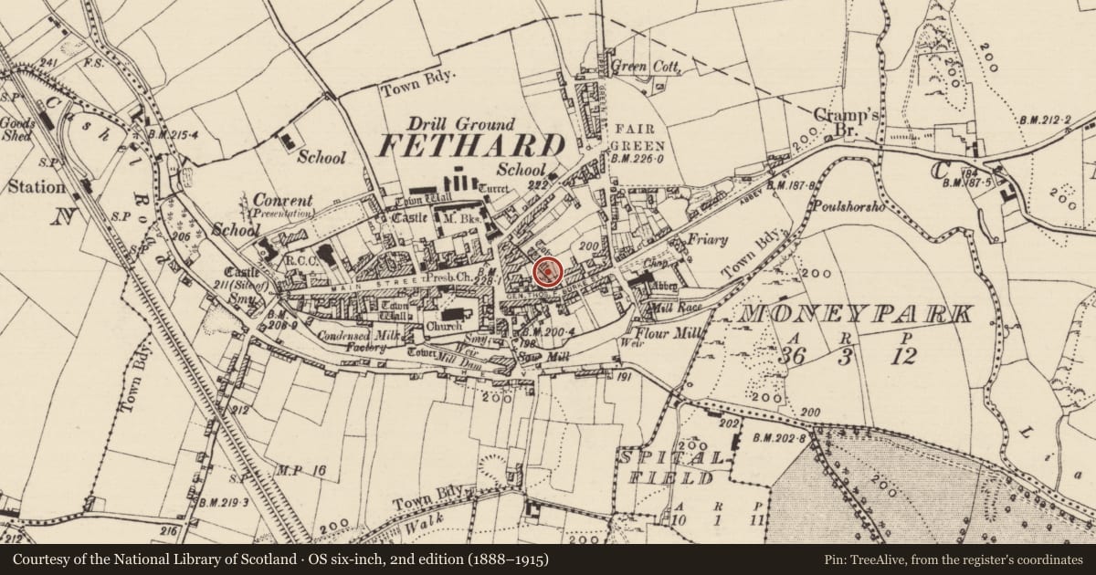 Ordnance Survey six-inch map, 2nd edition (1888–1915) covering the location of Building, Fethard, County Tipperary South, with a pin at the register's coordinates