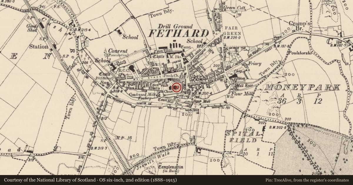 Ordnance Survey six-inch map, 2nd edition (1888–1915) covering the location of Graveslab, Fethard, County Tipperary South, with a pin at the register's coordinates