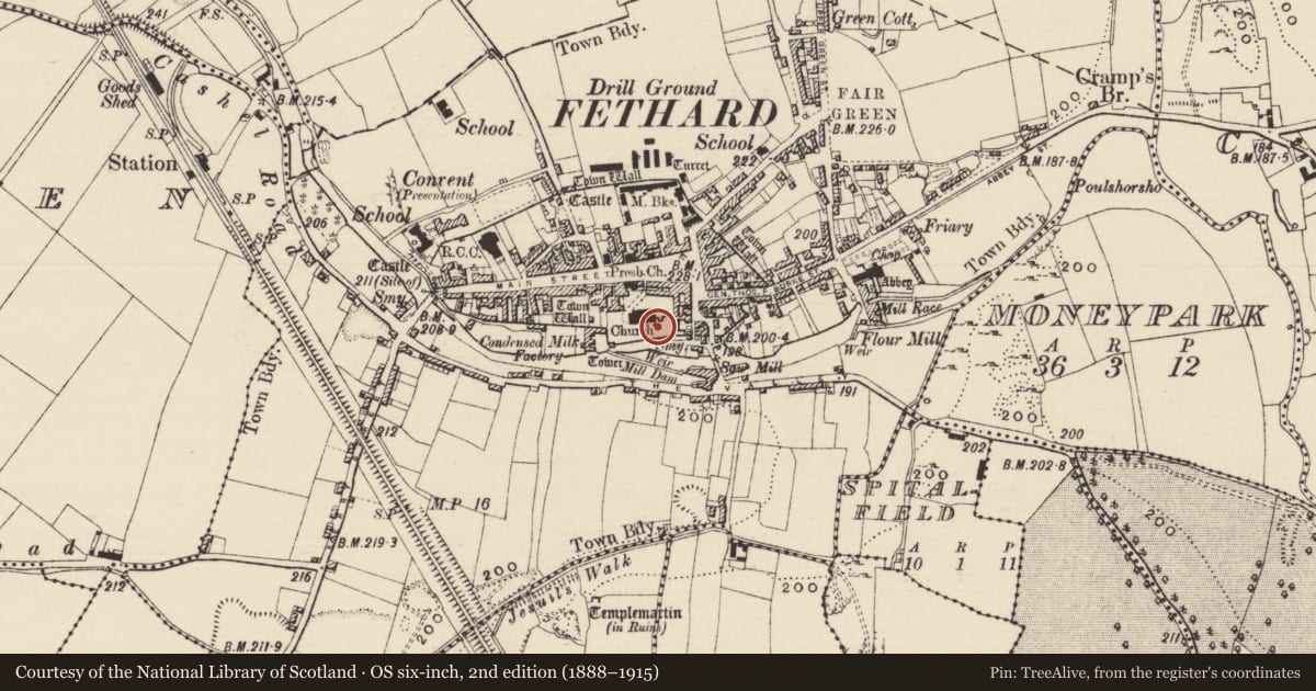 Ordnance Survey six-inch map, 2nd edition (1888–1915) covering the location of Graveslab, Fethard, County Tipperary South, with a pin at the register's coordinates