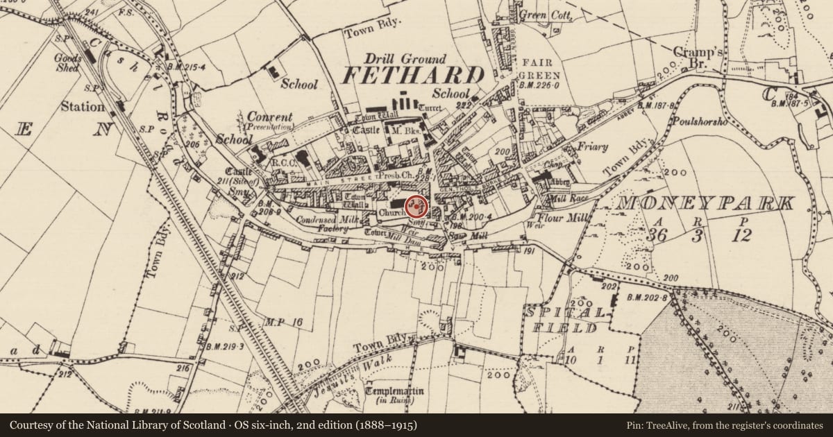 Ordnance Survey six-inch map, 2nd edition (1888–1915) covering the location of Graveslab, Fethard, County Tipperary South, with a pin at the register's coordinates