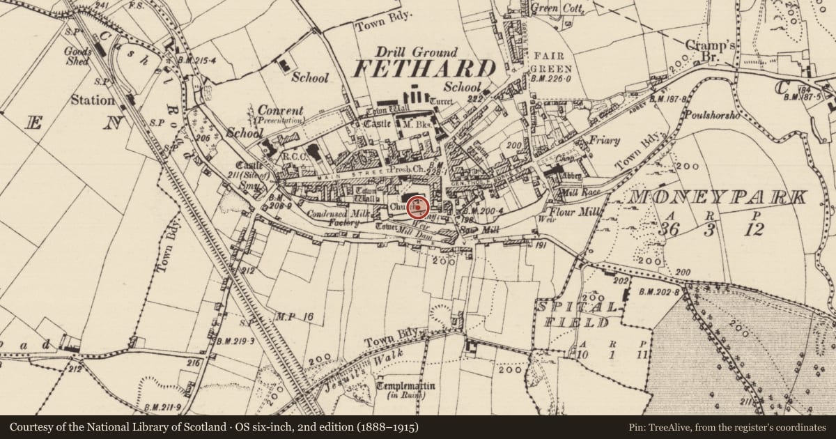 Ordnance Survey six-inch map, 2nd edition (1888–1915) covering the location of Graveslab, Fethard, County Tipperary South, with a pin at the register's coordinates