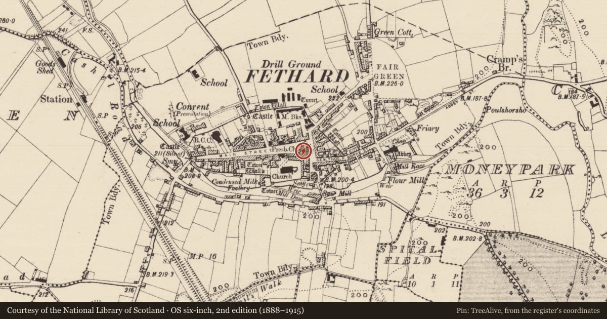 Ordnance Survey six-inch map, 2nd edition (1888–1915) covering the location of Bakery, Fethard, County Tipperary South, with a pin at the register's coordinates