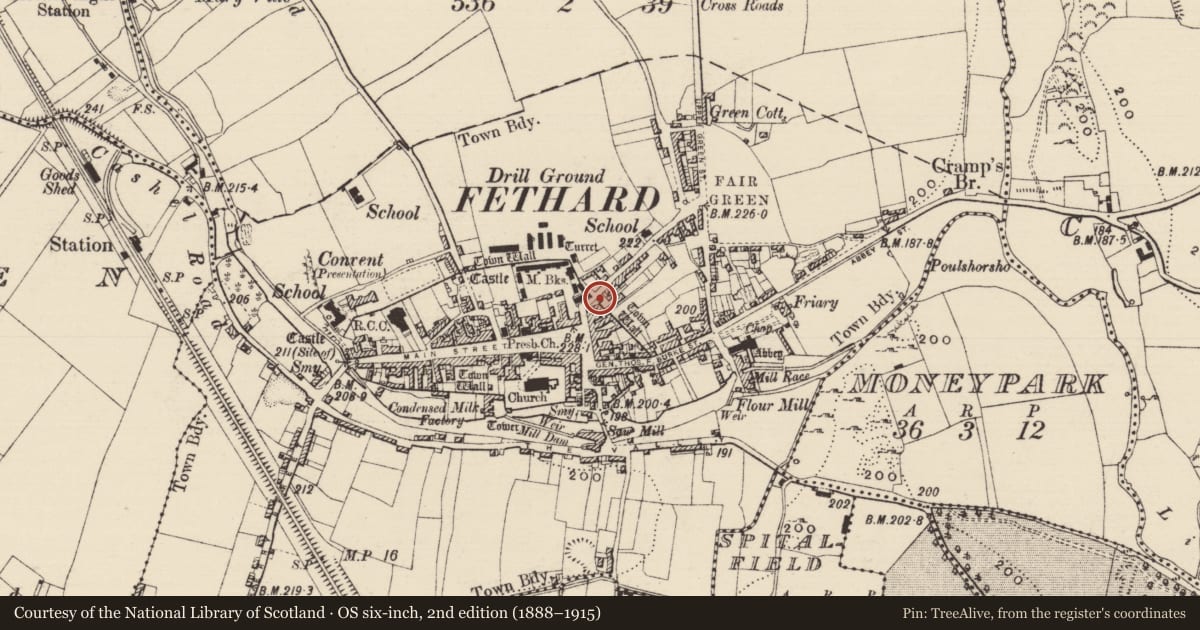 Ordnance Survey six-inch map, 2nd edition (1888–1915) covering the location of Architectural fragment, Fethard, County Tipperary South, with a pin at the register's coordinates