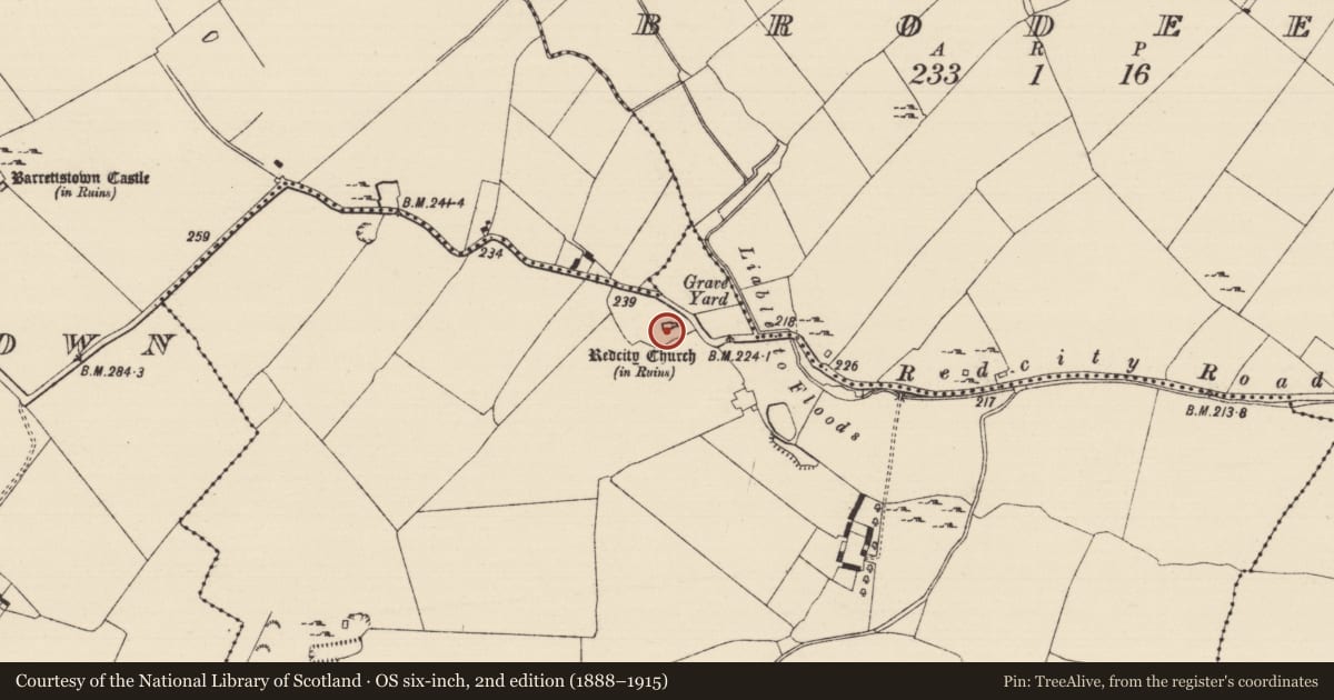 Ordnance Survey six-inch map, 2nd edition (1888–1915) covering the location of Church, Redcity, County Tipperary South, with a pin at the register's coordinates