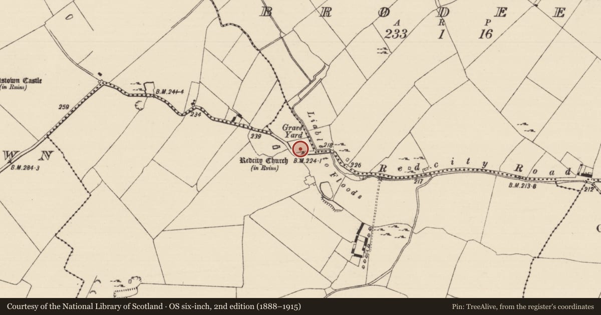 Ordnance Survey six-inch map, 2nd edition (1888–1915) covering the location of Graveyard, Redcity, County Tipperary South, with a pin at the register's coordinates
