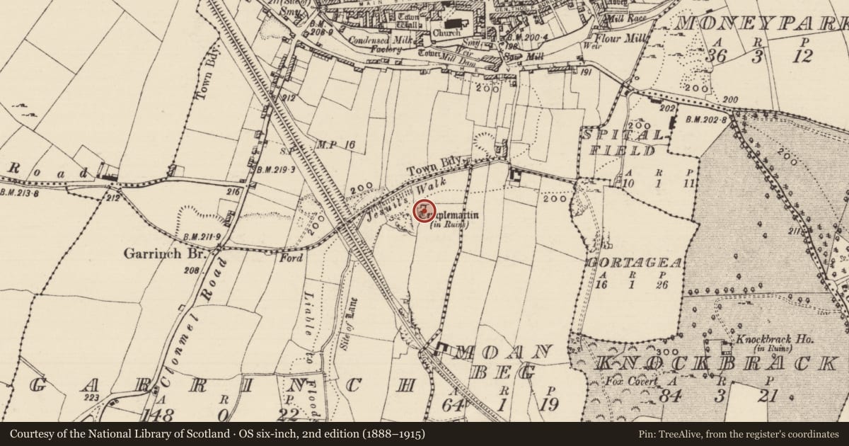 Ordnance Survey six-inch map, 2nd edition (1888–1915) covering the location of Church, Garrinch, County Tipperary South, with a pin at the register's coordinates