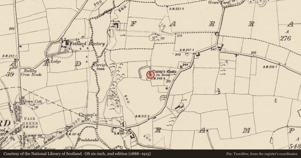 Ordnance Survey six-inch map, 2nd edition (1888–1915) covering the location of Castle - hall-house, Crampscastle, County Tipperary South, with a pin at the register's coordinates