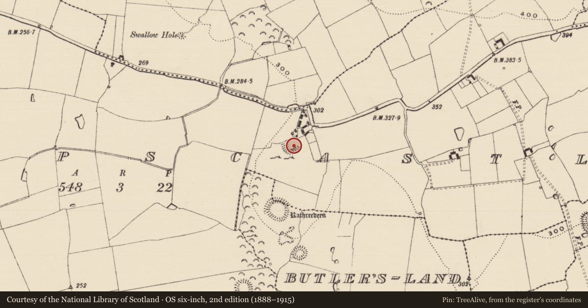 Ordnance Survey six-inch map, 2nd edition (1888–1915) covering the location of Enclosure, Crampscastle, County Tipperary South, with a pin at the register's coordinates