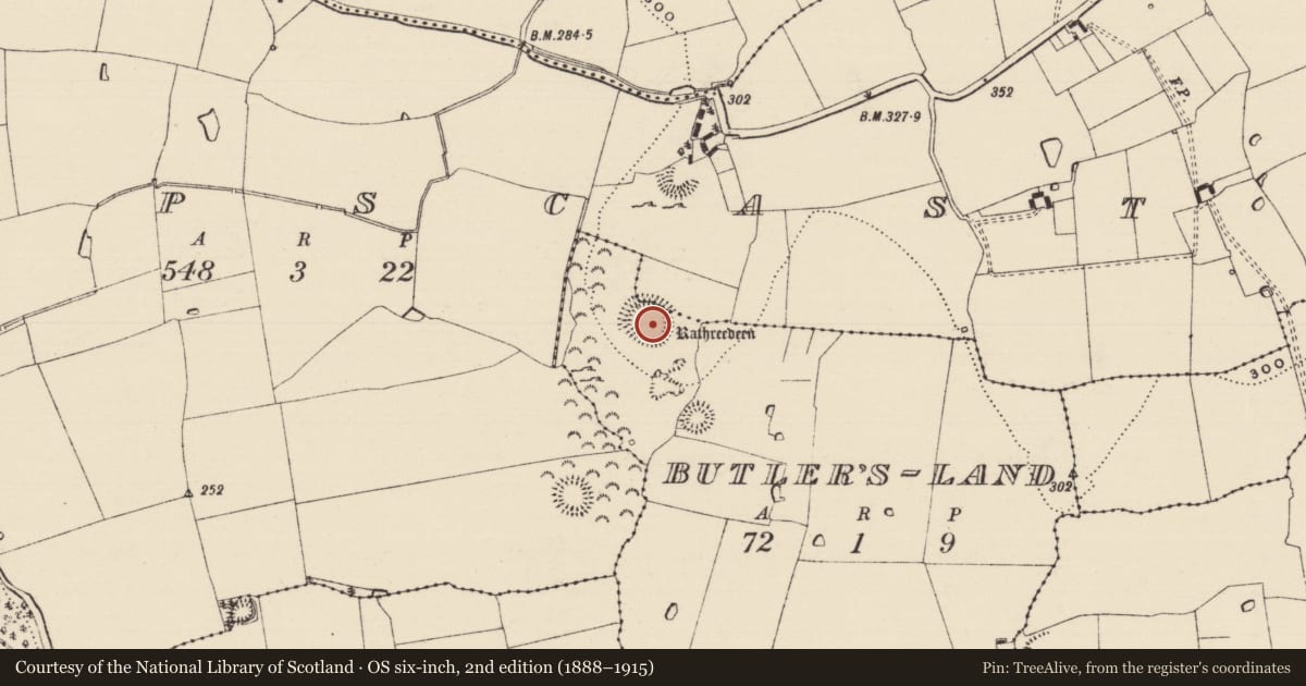 Ordnance Survey six-inch map, 2nd edition (1888–1915) covering the location of Ringfort - rath, Butler'S-Land, Crampscastle, County Tipperary South, with a pin at the register's coordinates