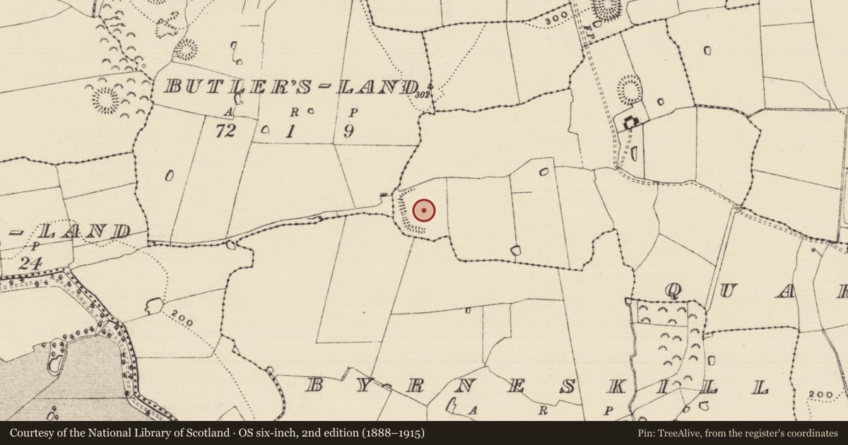 Ordnance Survey six-inch map, 2nd edition (1888–1915) covering the location of Enclosure, Quartercross, County Tipperary South, with a pin at the register's coordinates