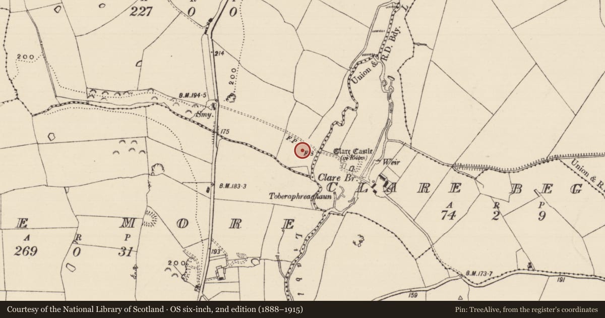 Ordnance Survey six-inch map, 2nd edition (1888–1915) covering the location of Water mill - unclassified, Quartercross, County Tipperary South, with a pin at the register's coordinates