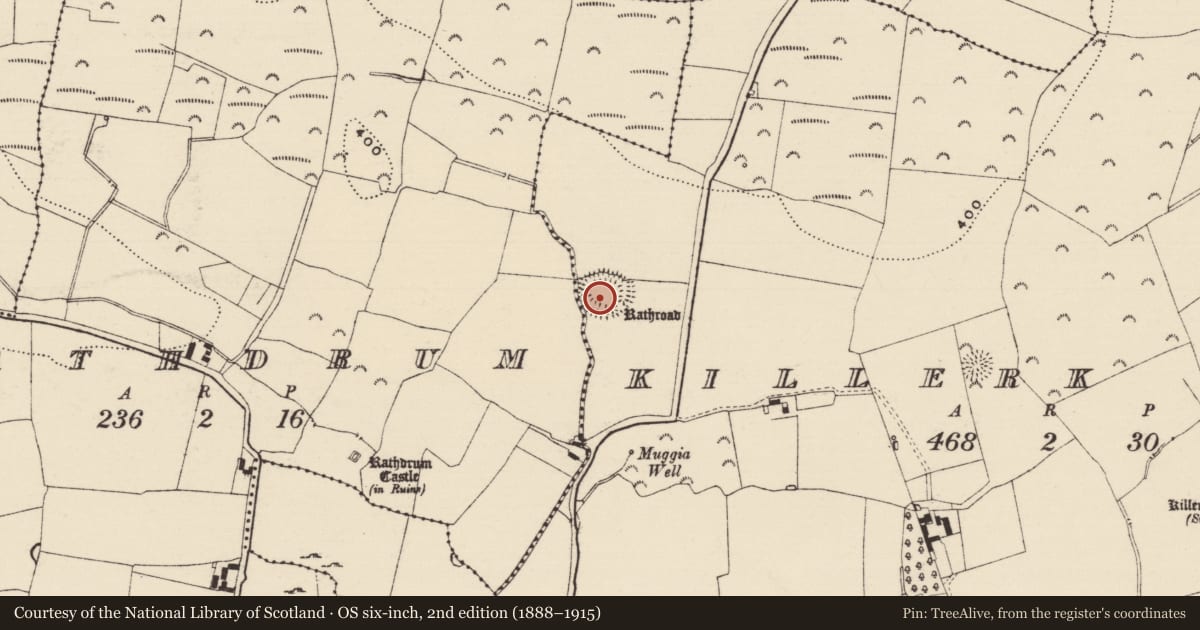 Ordnance Survey six-inch map, 2nd edition (1888–1915) covering the location of Ringfort - rath, Killerk North, County Tipperary South, with a pin at the register's coordinates
