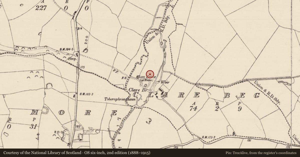Ordnance Survey six-inch map, 2nd edition (1888–1915) covering the location of Moated site, Clare Beg, County Tipperary South, with a pin at the register's coordinates