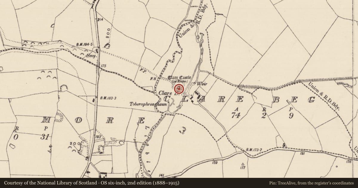 Ordnance Survey six-inch map, 2nd edition (1888–1915) covering the location of House - fortified house, Clare Beg, County Tipperary South, with a pin at the register's coordinates
