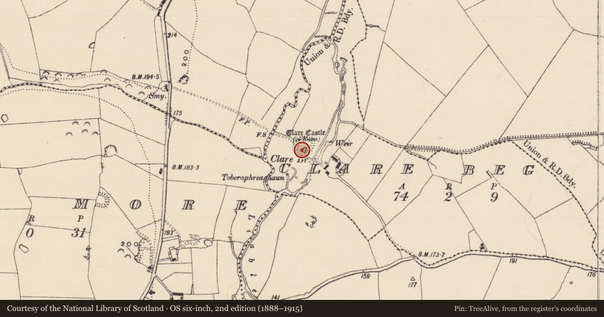 Ordnance Survey six-inch map, 2nd edition (1888–1915) covering the location of Bawn, Clare Beg, County Tipperary South, with a pin at the register's coordinates