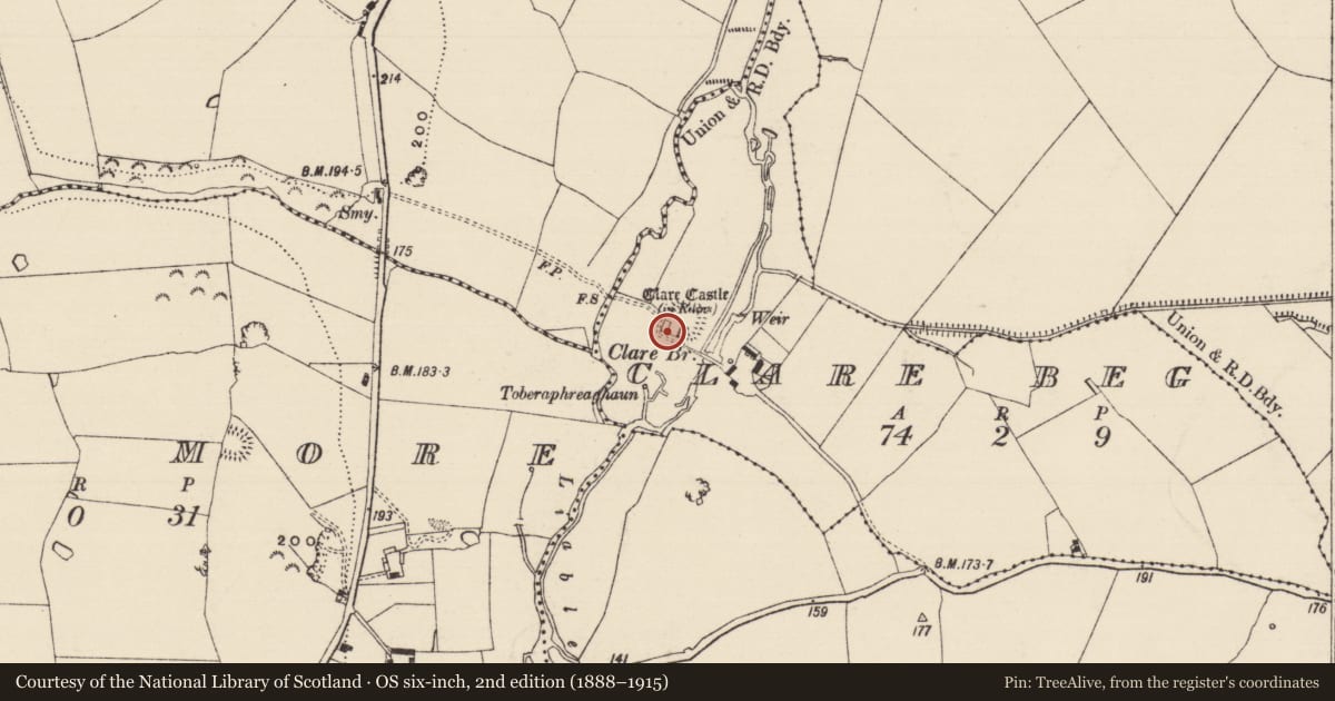 Ordnance Survey six-inch map, 2nd edition (1888–1915) covering the location of House - fortified house, Clare Beg, County Tipperary South, with a pin at the register's coordinates