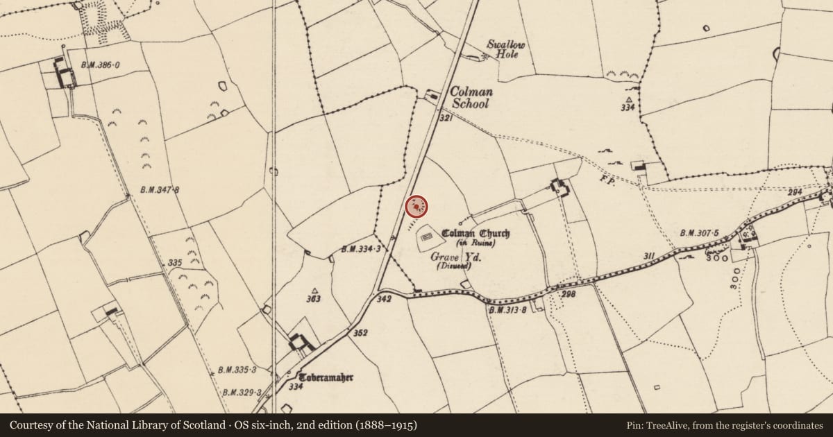 Ordnance Survey six-inch map, 2nd edition (1888–1915) covering the location of Enclosure, Colman (Hennessy), County Tipperary South, with a pin at the register's coordinates