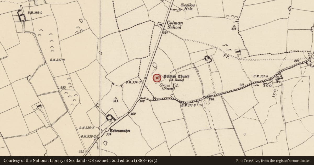 Ordnance Survey six-inch map, 2nd edition (1888–1915) covering the location of Church, Colman (Hennessy), County Tipperary South, with a pin at the register's coordinates