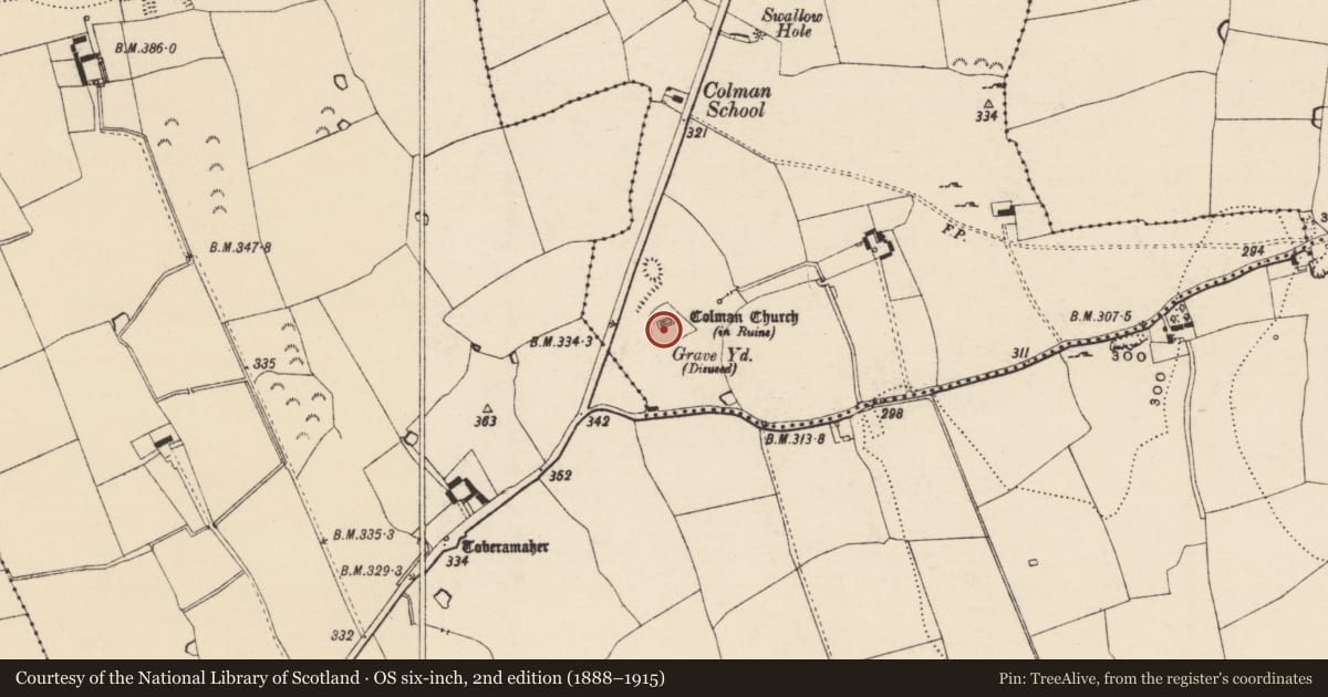 Ordnance Survey six-inch map, 2nd edition (1888–1915) covering the location of Graveyard, Colman (Hennessy), County Tipperary South, with a pin at the register's coordinates