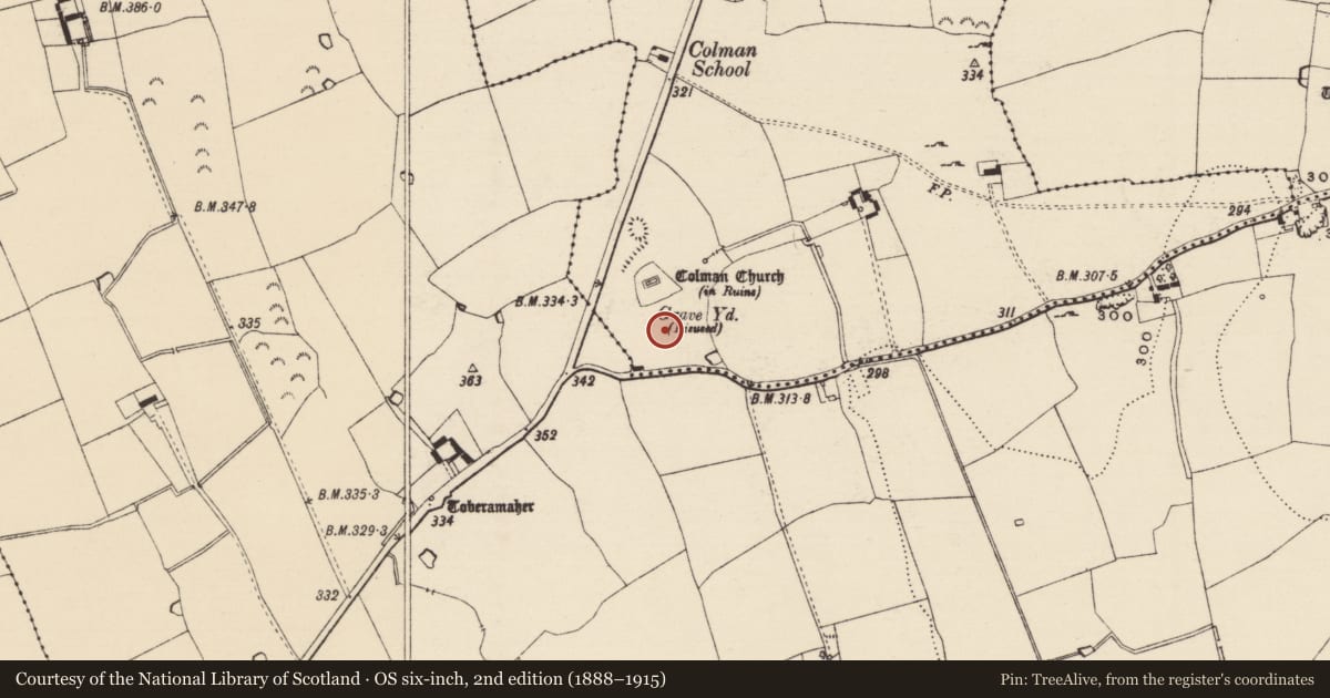 Ordnance Survey six-inch map, 2nd edition (1888–1915) covering the location of Earthwork, Colman (Hennessy), County Tipperary South, with a pin at the register's coordinates