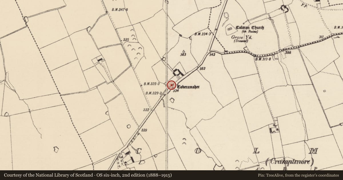 Ordnance Survey six-inch map, 2nd edition (1888–1915) covering the location of Ritual site - holy well, Colman (Cramptmore), County Tipperary South, with a pin at the register's coordinates