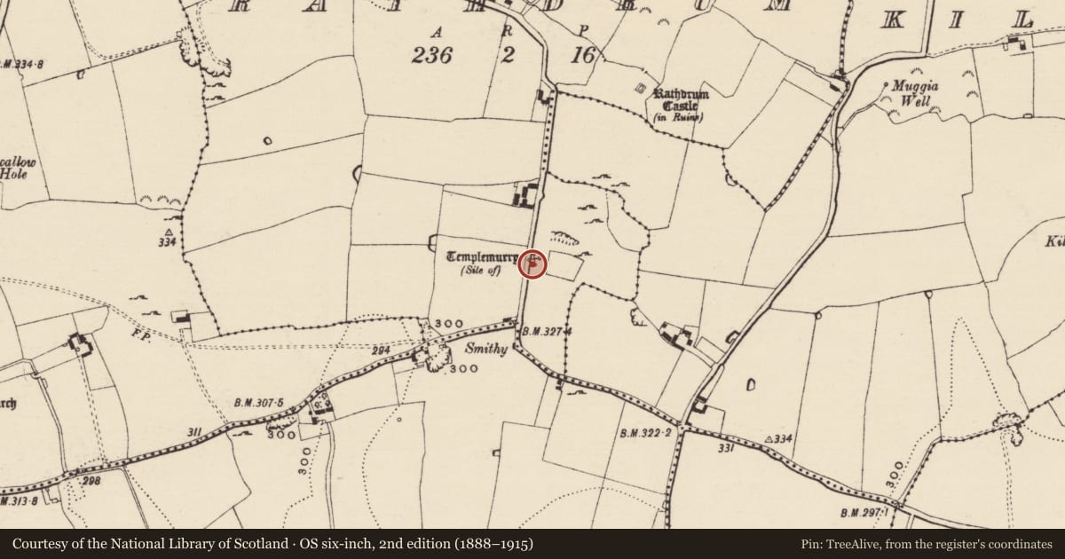 Ordnance Survey six-inch map, 2nd edition (1888–1915) covering the location of Church, Rathdrum, County Tipperary South, with a pin at the register's coordinates