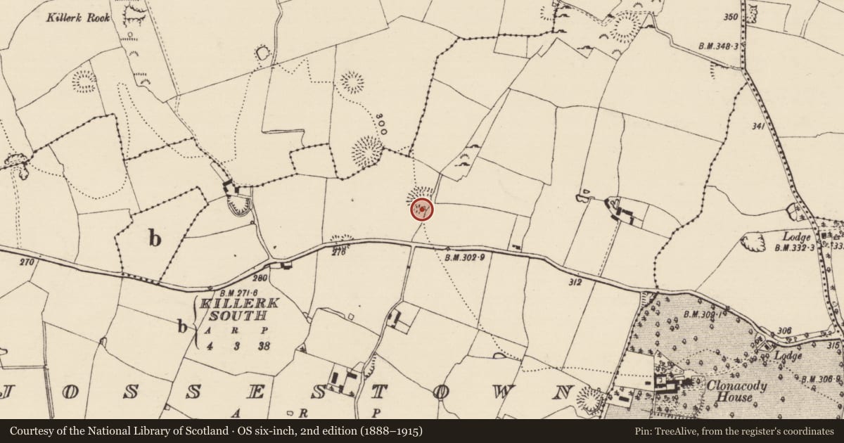 Ordnance Survey six-inch map, 2nd edition (1888–1915) covering the location of Ringfort - rath, Jossestown, County Tipperary South, with a pin at the register's coordinates
