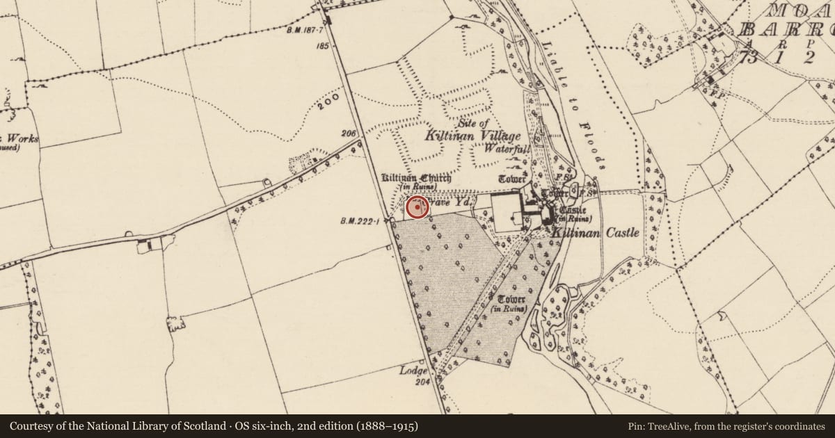 Ordnance Survey six-inch map, 2nd edition (1888–1915) covering the location of Graveslab, Kiltinan, County Tipperary South, with a pin at the register's coordinates