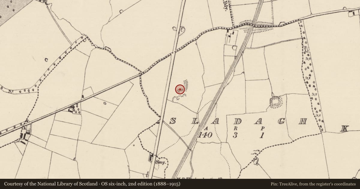 Ordnance Survey six-inch map, 2nd edition (1888–1915) covering the location of Enclosure, Sladagh, County Tipperary South, with a pin at the register's coordinates