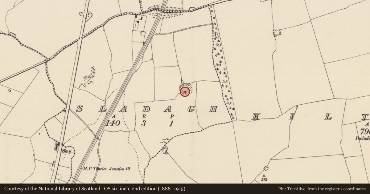 Ordnance Survey six-inch map, 2nd edition (1888–1915) covering the location of Moated site, Sladagh, County Tipperary South, with a pin at the register's coordinates