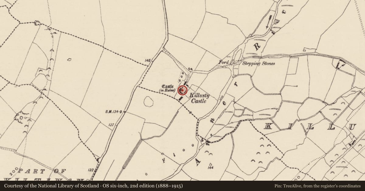 Ordnance Survey six-inch map, 2nd edition (1888–1915) covering the location of Castle - tower house, Killusty North, County Tipperary South, with a pin at the register's coordinates