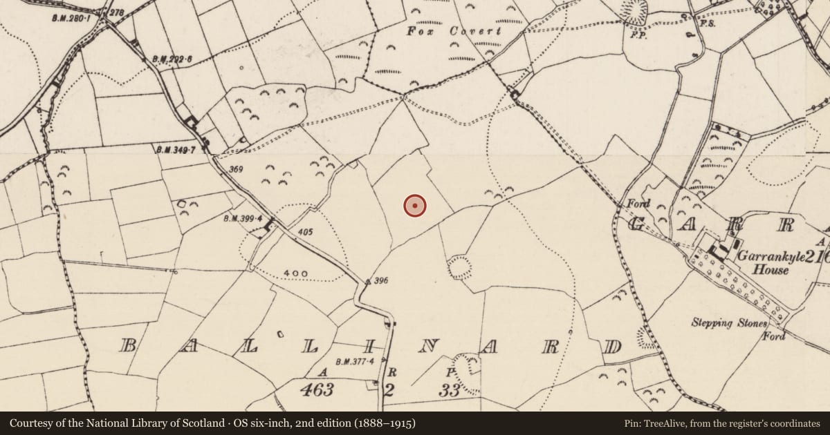 Ordnance Survey six-inch map, 2nd edition (1888–1915) covering the location of Enclosure, Ballinard (Cloneen Par.), County Tipperary South, with a pin at the register's coordinates