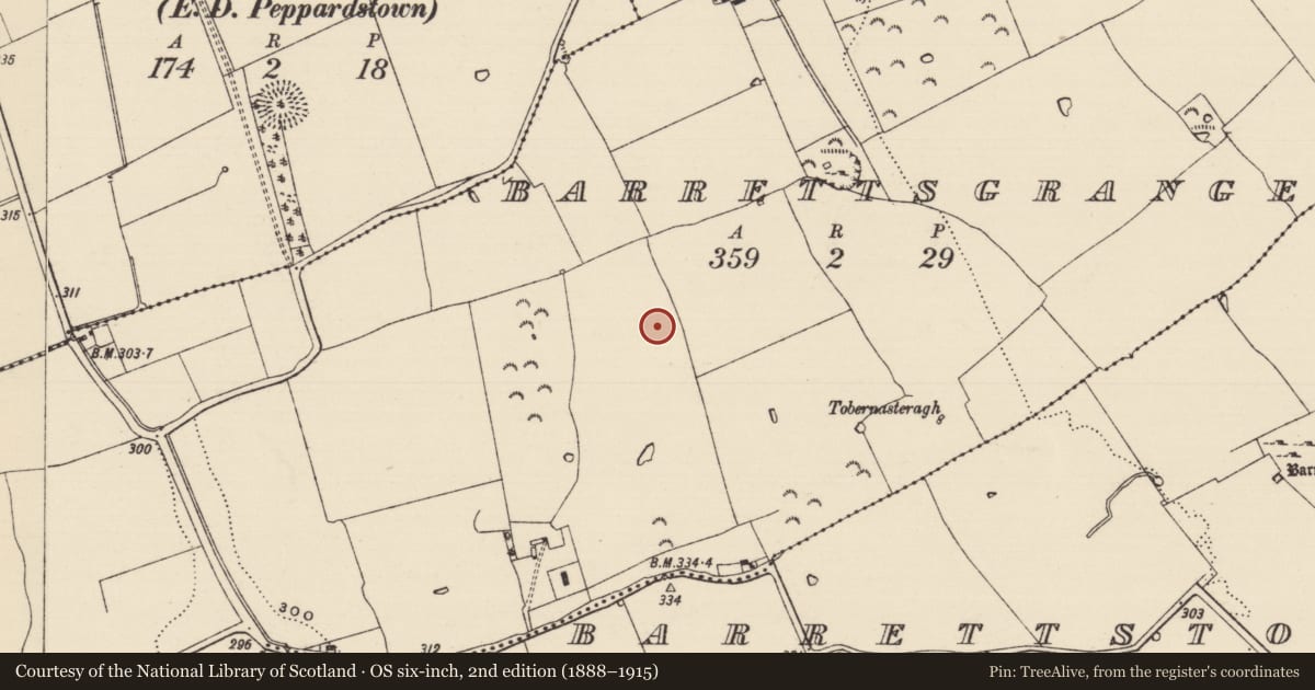 Ordnance Survey six-inch map, 2nd edition (1888–1915) covering the location of Enclosure, Barrettsgrange, County Tipperary South, with a pin at the register's coordinates