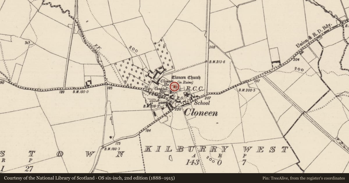 Ordnance Survey six-inch map, 2nd edition (1888–1915) covering the location of Church, Ballyhomuck, County Tipperary South, with a pin at the register's coordinates