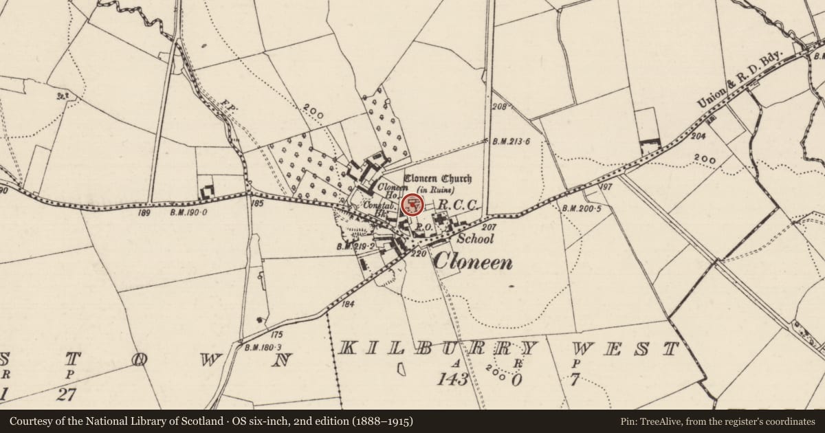 Ordnance Survey six-inch map, 2nd edition (1888–1915) covering the location of Graveyard, Ballyhomuck, County Tipperary South, with a pin at the register's coordinates