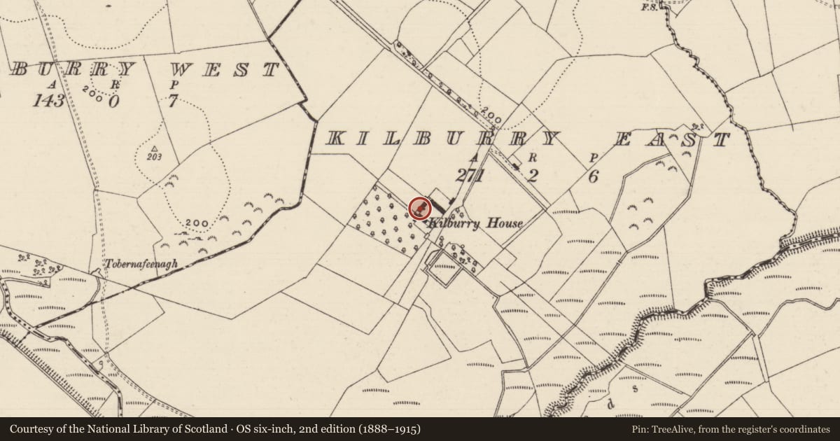 Ordnance Survey six-inch map, 2nd edition (1888–1915) covering the location of House - 17th century, Kilburry East, County Tipperary South, with a pin at the register's coordinates