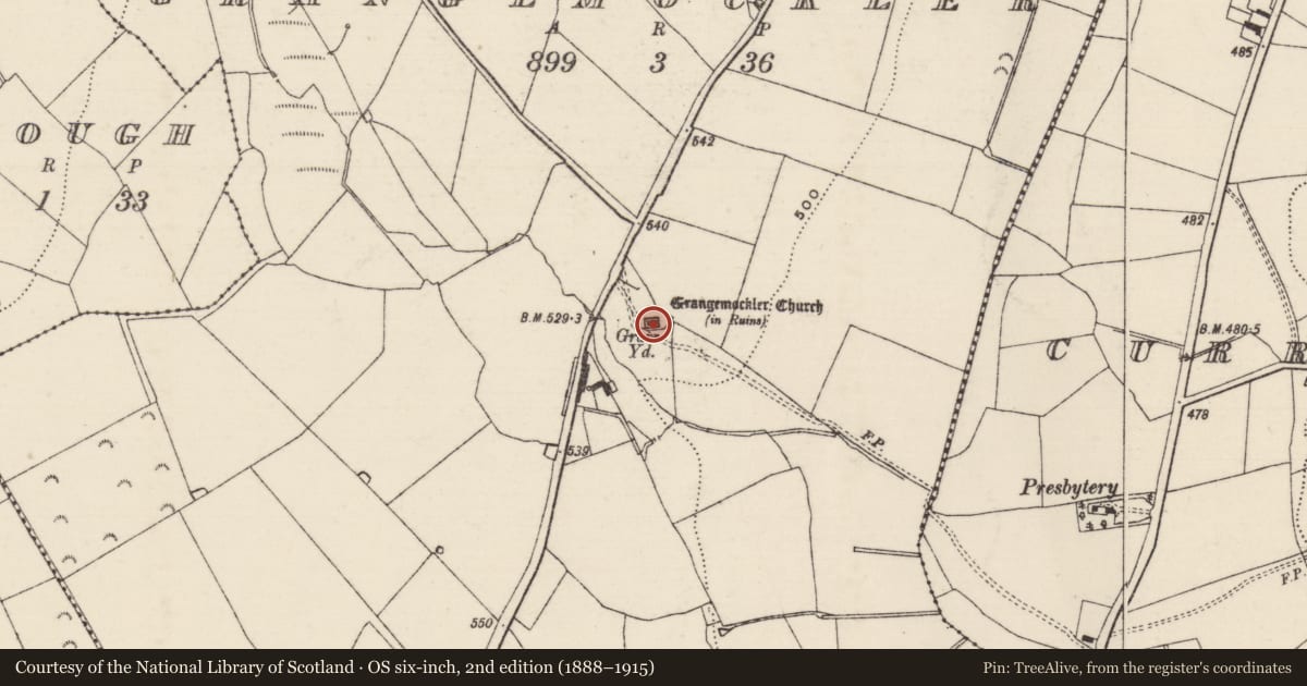 Ordnance Survey six-inch map, 2nd edition (1888–1915) covering the location of Church, Grangemockler, County Tipperary South, with a pin at the register's coordinates
