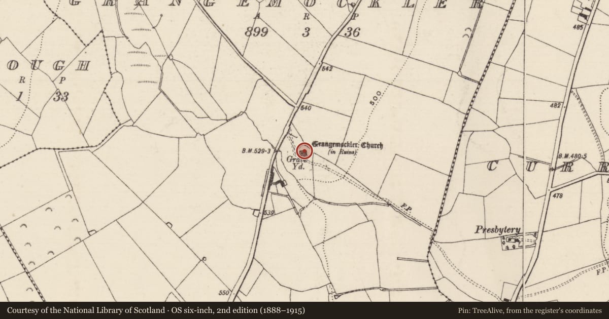 Ordnance Survey six-inch map, 2nd edition (1888–1915) covering the location of Graveyard, Grangemockler, County Tipperary South, with a pin at the register's coordinates