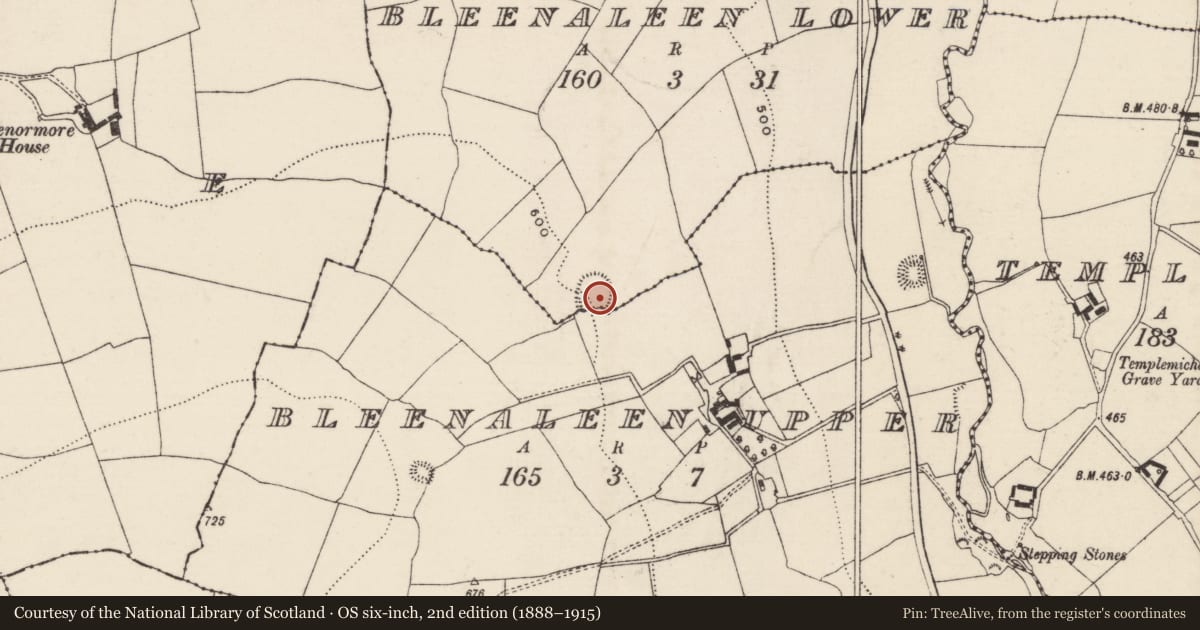 Ordnance Survey six-inch map, 2nd edition (1888–1915) covering the location of Enclosure, Bleenaleen Lower, Bleenaleen Upper, County Tipperary South, with a pin at the register's coordinates