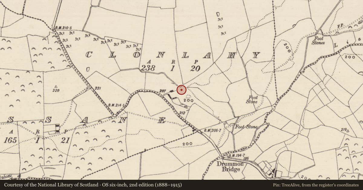 Ordnance Survey six-inch map, 2nd edition (1888–1915) covering the location of Enclosure, Clonlahy, County Tipperary South, with a pin at the register's coordinates