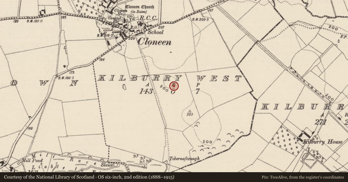 Ordnance Survey six-inch map, 2nd edition (1888–1915) covering the location of Deer park, Kilburry West, County Tipperary South, with a pin at the register's coordinates
