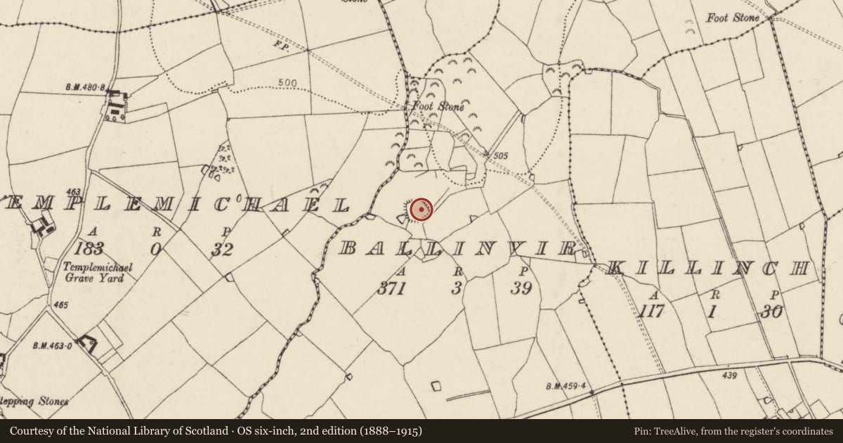 Ordnance Survey six-inch map, 2nd edition (1888–1915) covering the location of Enclosure, Ballinvir, County Tipperary South, with a pin at the register's coordinates