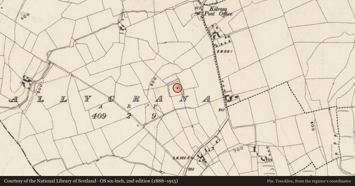Ordnance Survey six-inch map, 2nd edition (1888–1915) covering the location of Moated site, Ballycrana, County Tipperary South, with a pin at the register's coordinates